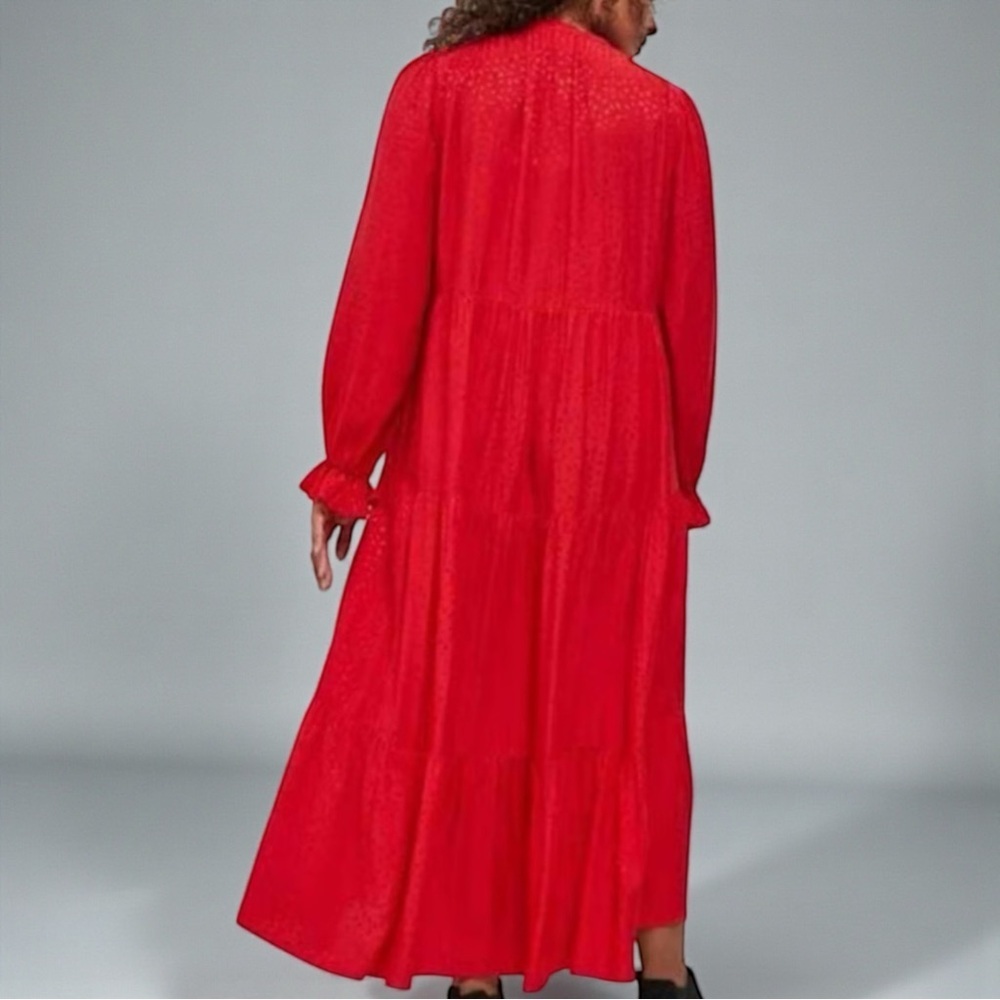Maeve by Anthropologie Red Jacquard Tiered Maxi Dress Size S Long Sleeve Pockets - Picture 3 of 10